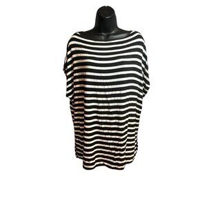 Karen Kane Horizontal Black and White Stripe Cap Sleeve Rayon Spandex Top Sz L
